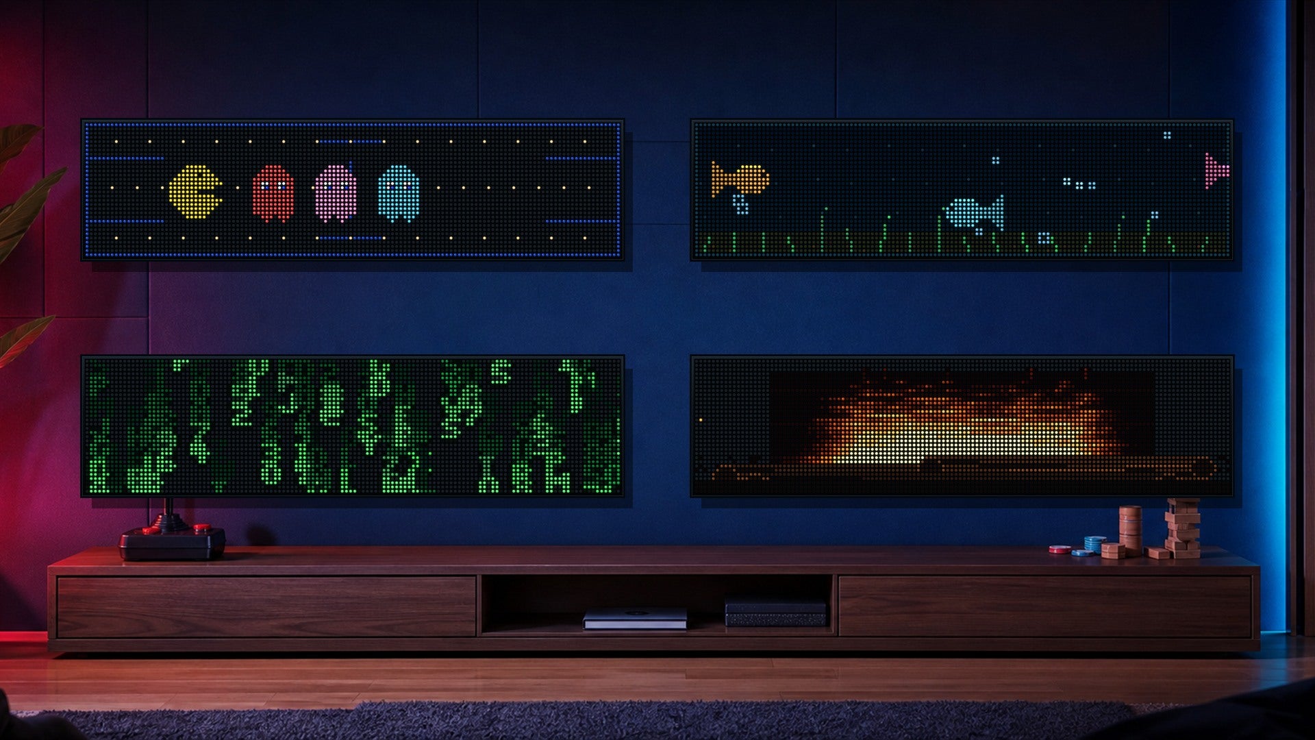 Real Pac-Man, aquarium, Matrix rain, and fireplace Pixora cards