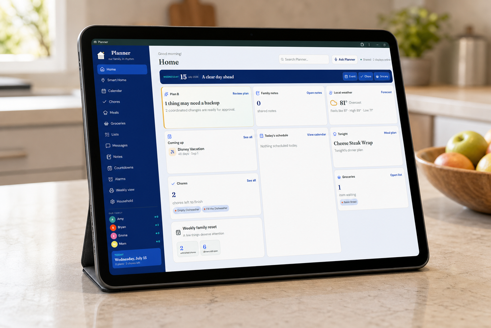 Pixora Planner running on a countertop tablet