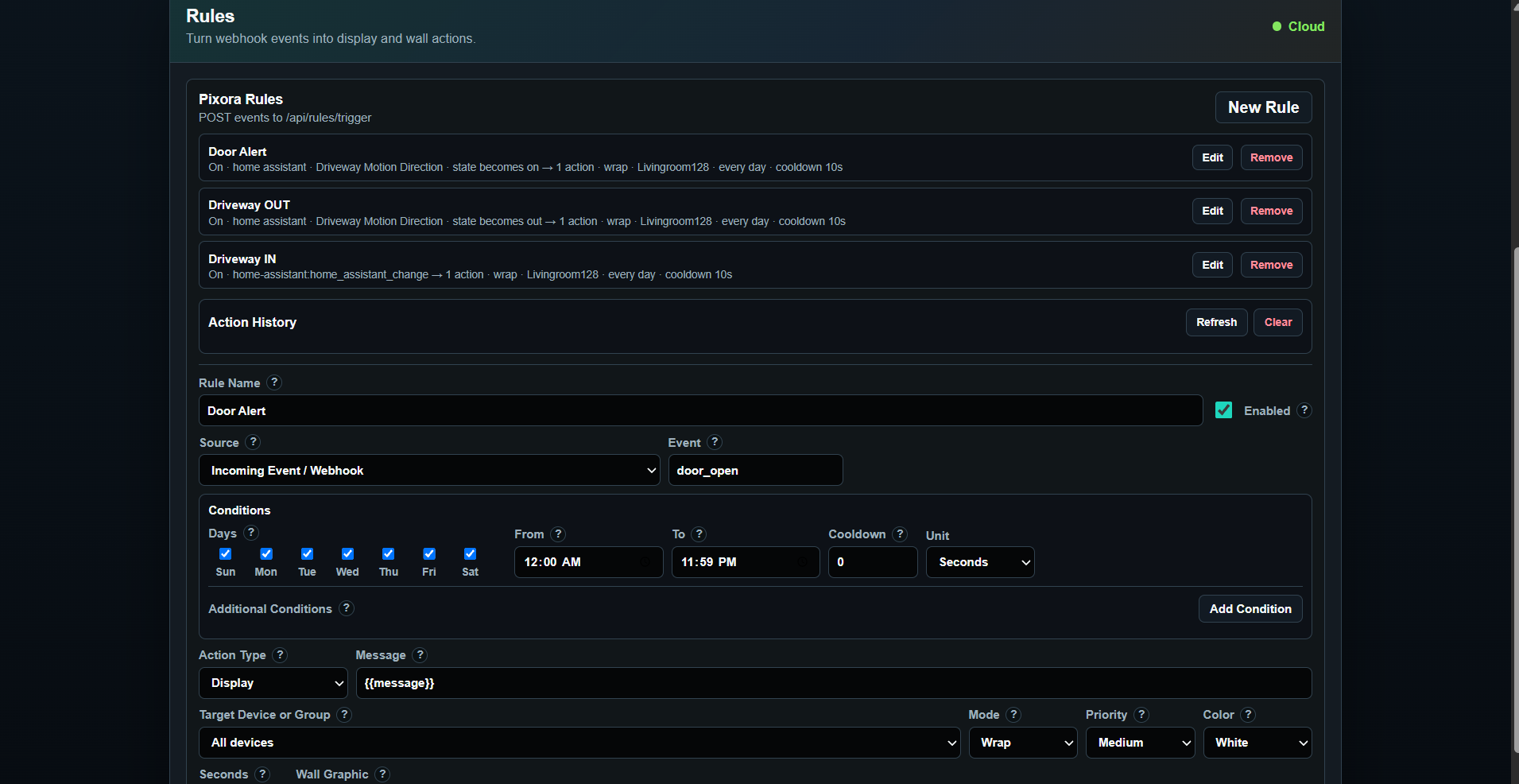 Actual Pixora Cloud Rules interface