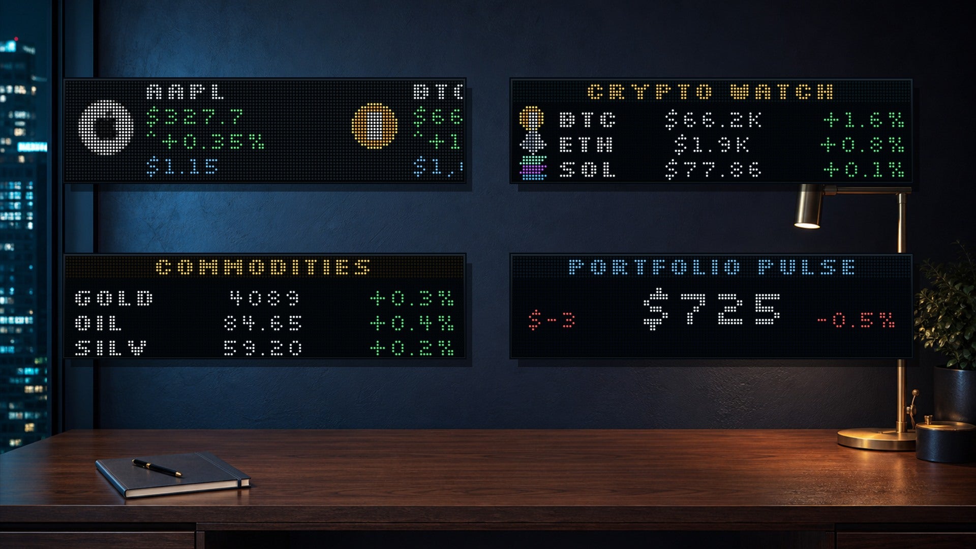 Real stocks, crypto, commodities, and portfolio Pixora cards