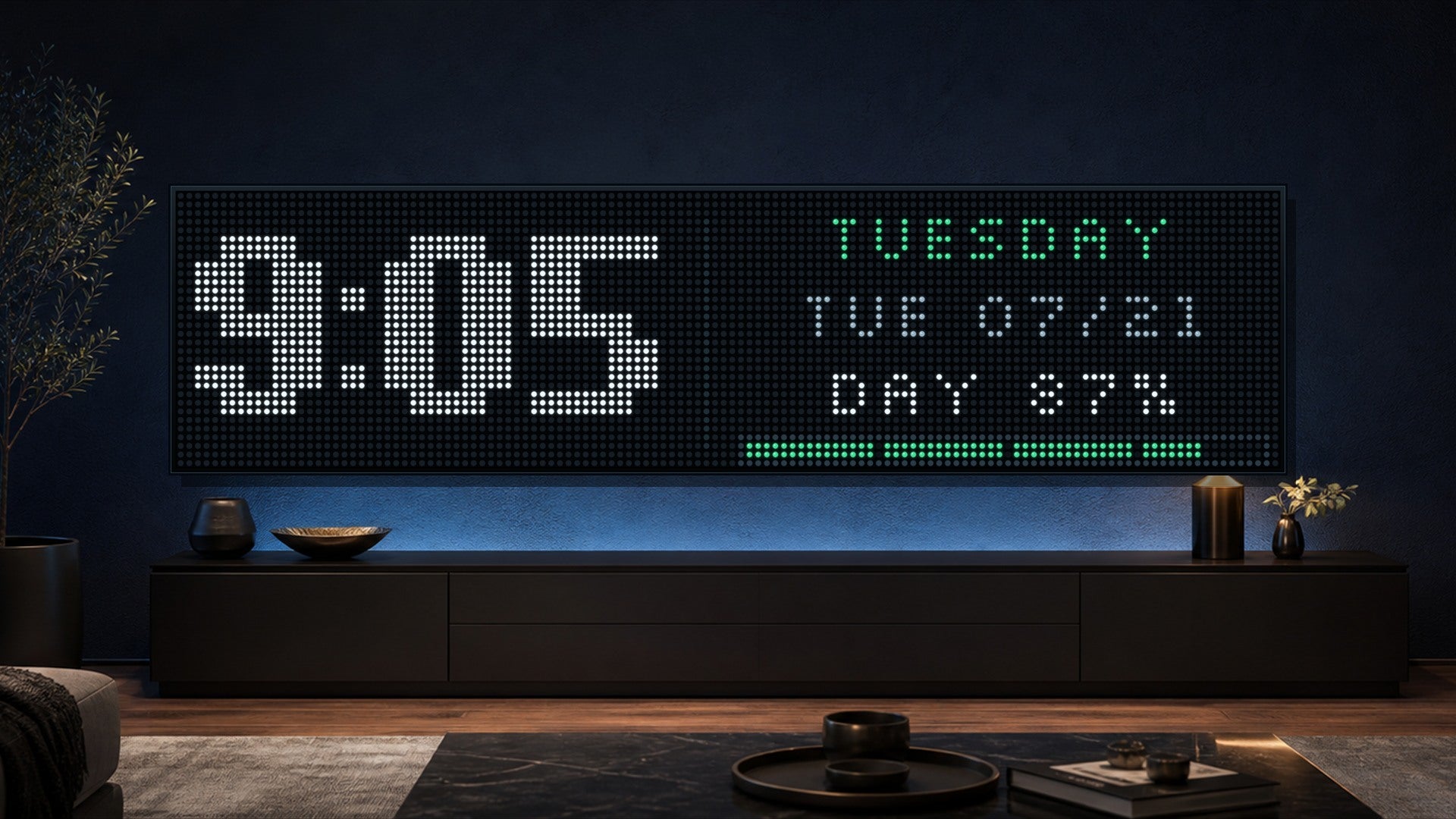 Real Pixora 128 by 32 clock and day progress card in a modern living room