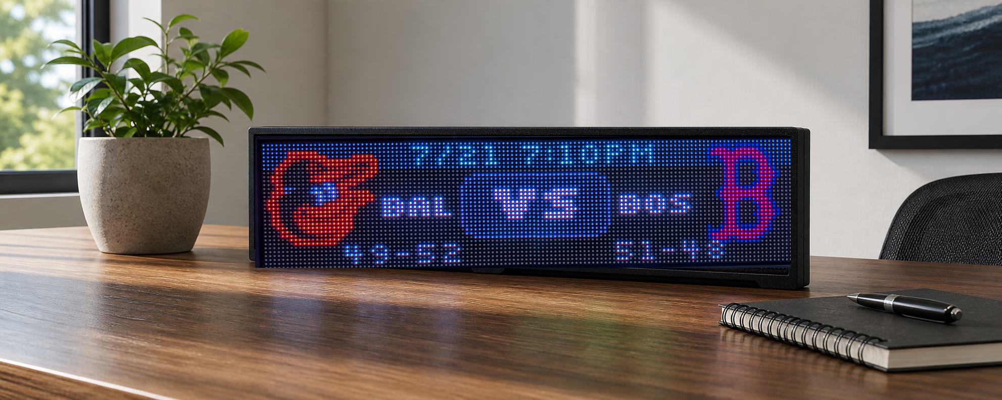 Pixora 128 by 32 display showing a live baseball card in a home office