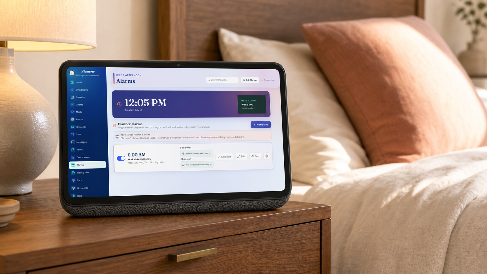 Pixora Planner Alarms screen running on a bedside display