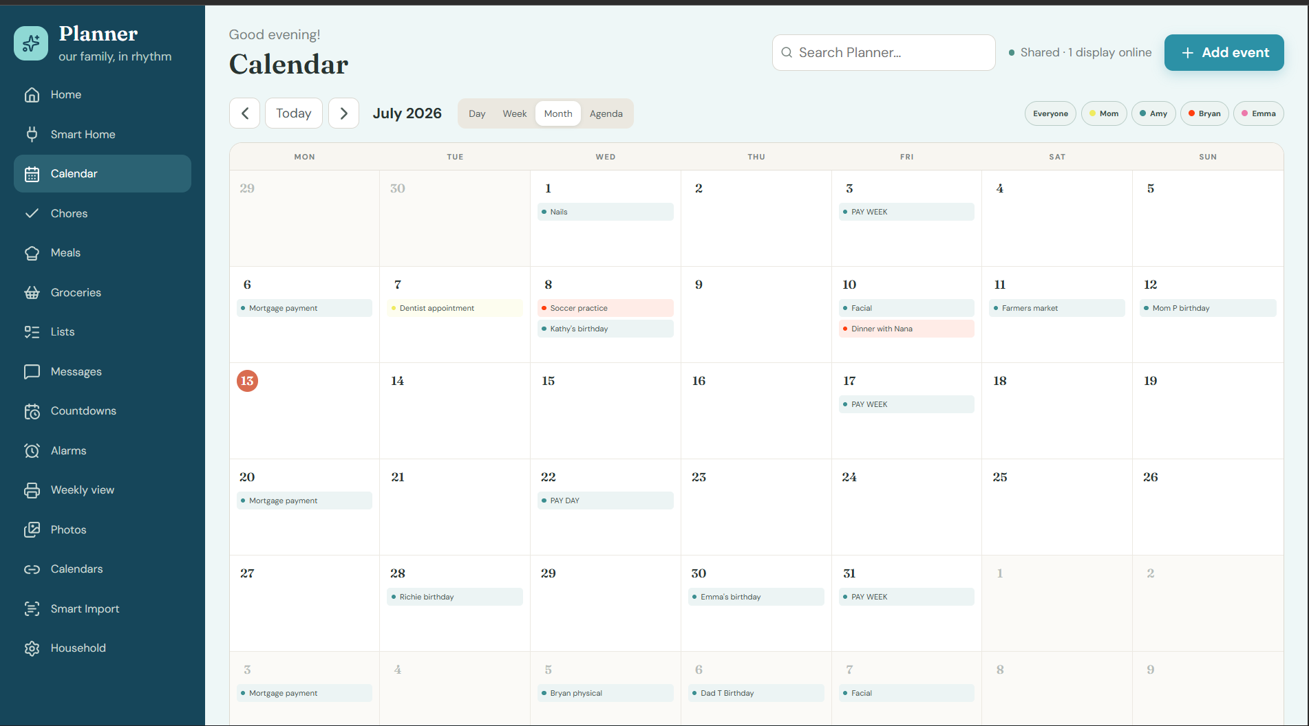 Real Pixora Planner month calendar showing a shared family schedule