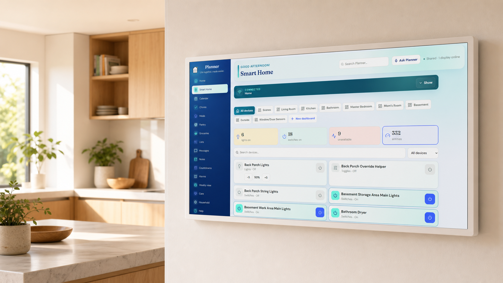 Pixora Planner Smart Home dashboard running on a wall display