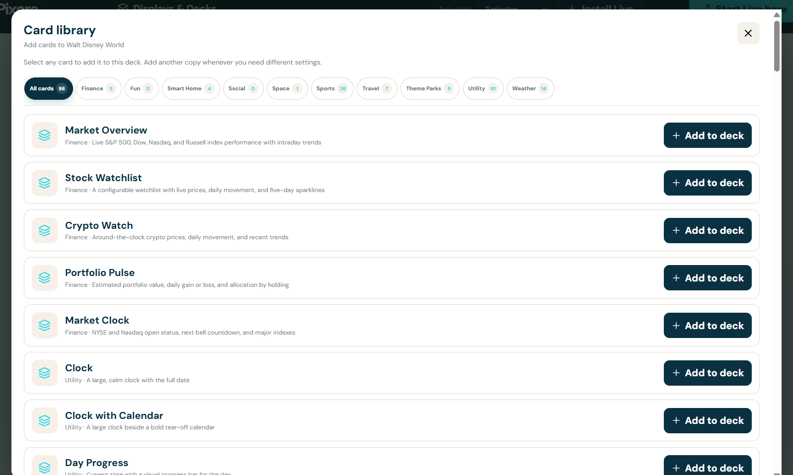 Pixora Live card library with finance, smart-home, space, sports, travel, theme-park, utility, and weather categories