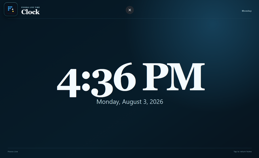 Pixora Live full-screen clock card