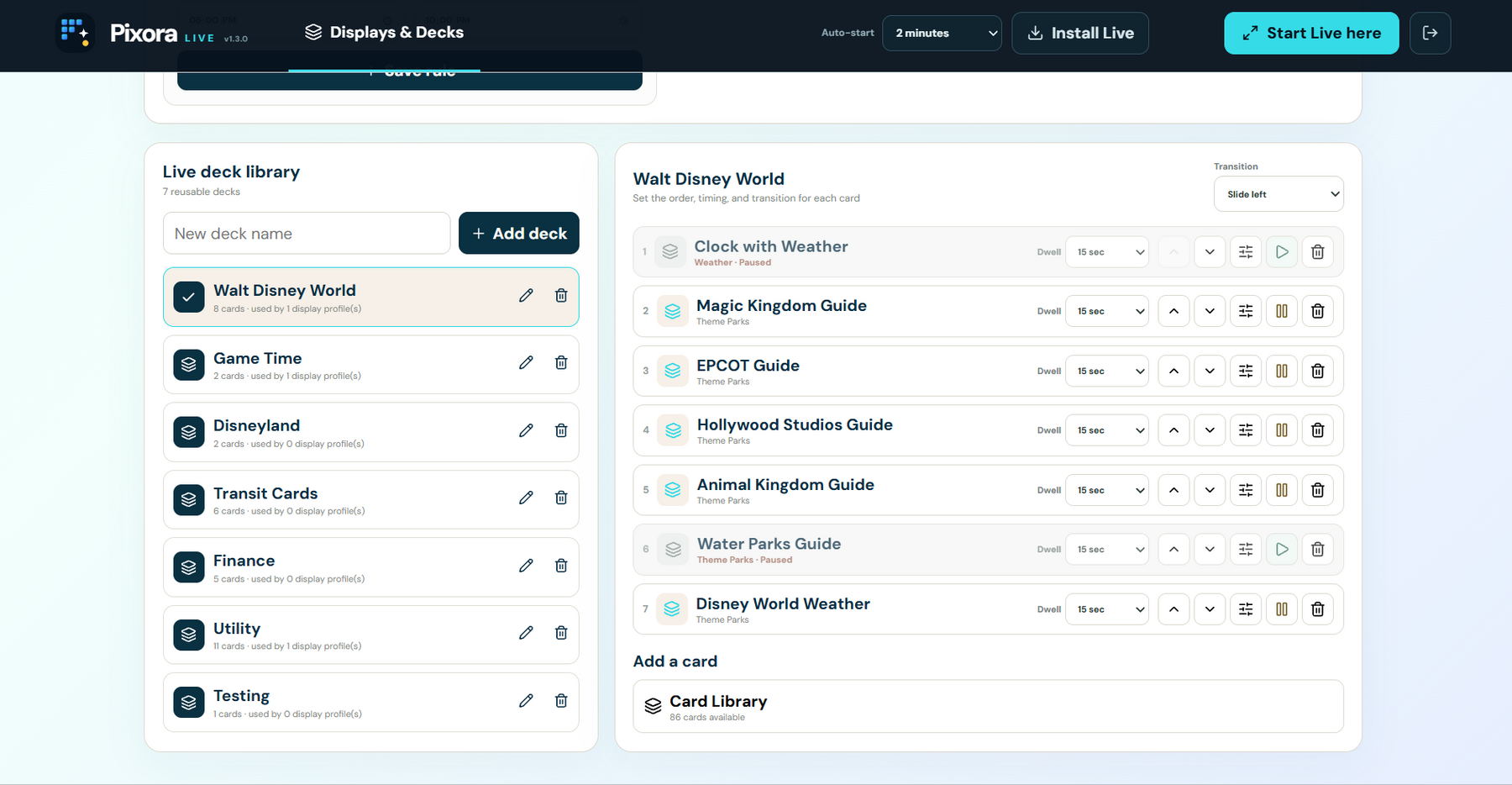 Pixora Live deck editor showing reusable decks and configurable cards