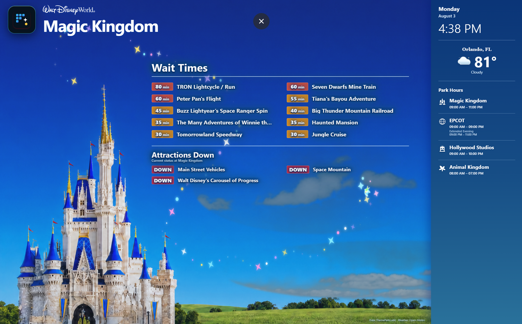 Pixora Live Magic Kingdom card with attraction wait times, closures, weather, and park hours