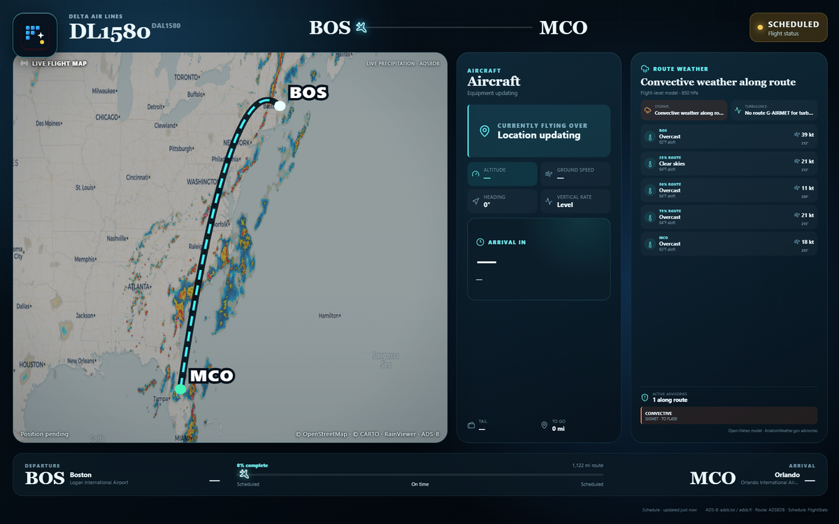 Pixora Live flight tracker with route, aircraft, weather, and arrival information
