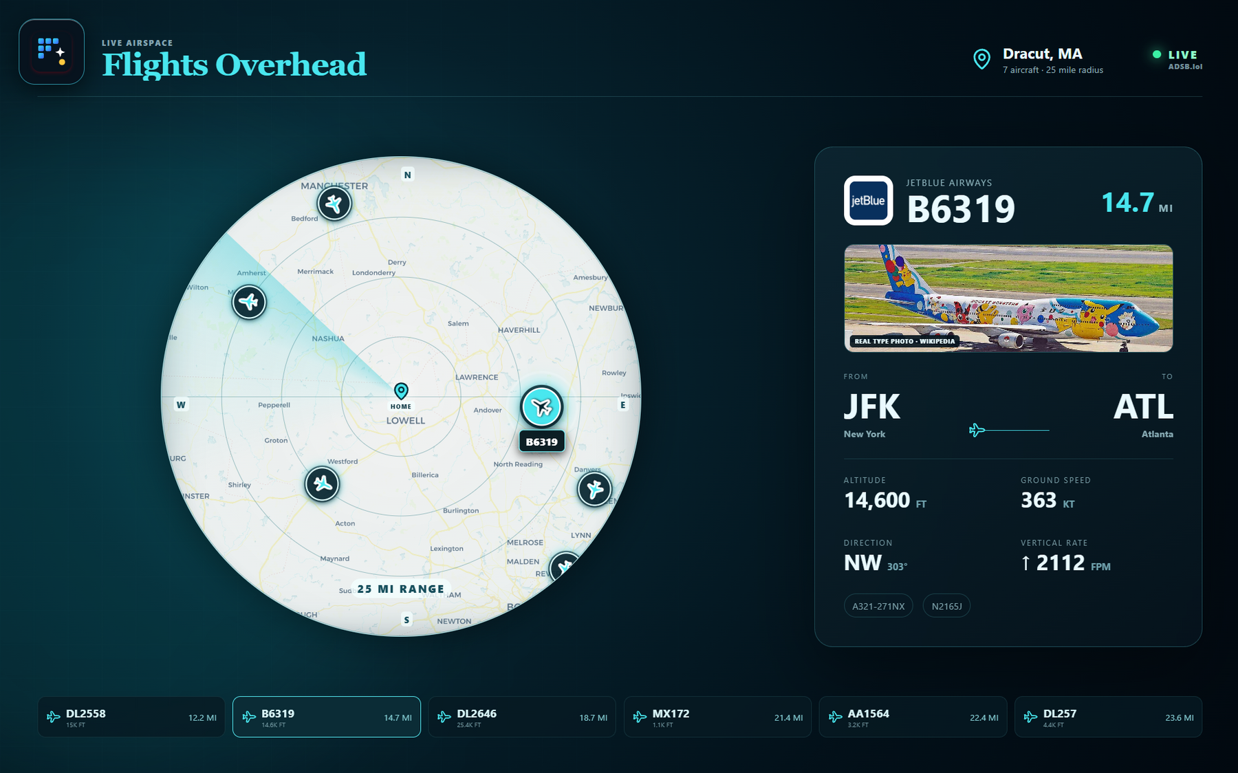 Pixora Live Flights Overhead card showing nearby aircraft on a radar-style map