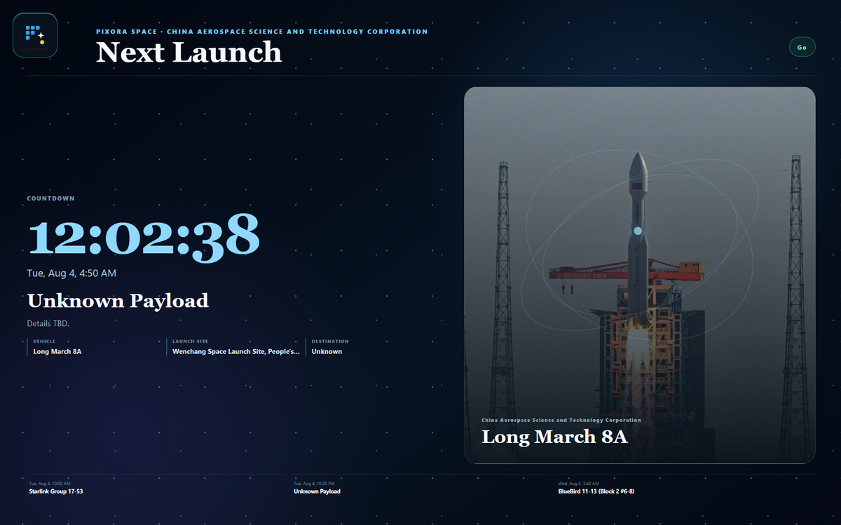 Pixora Live next space launch countdown card