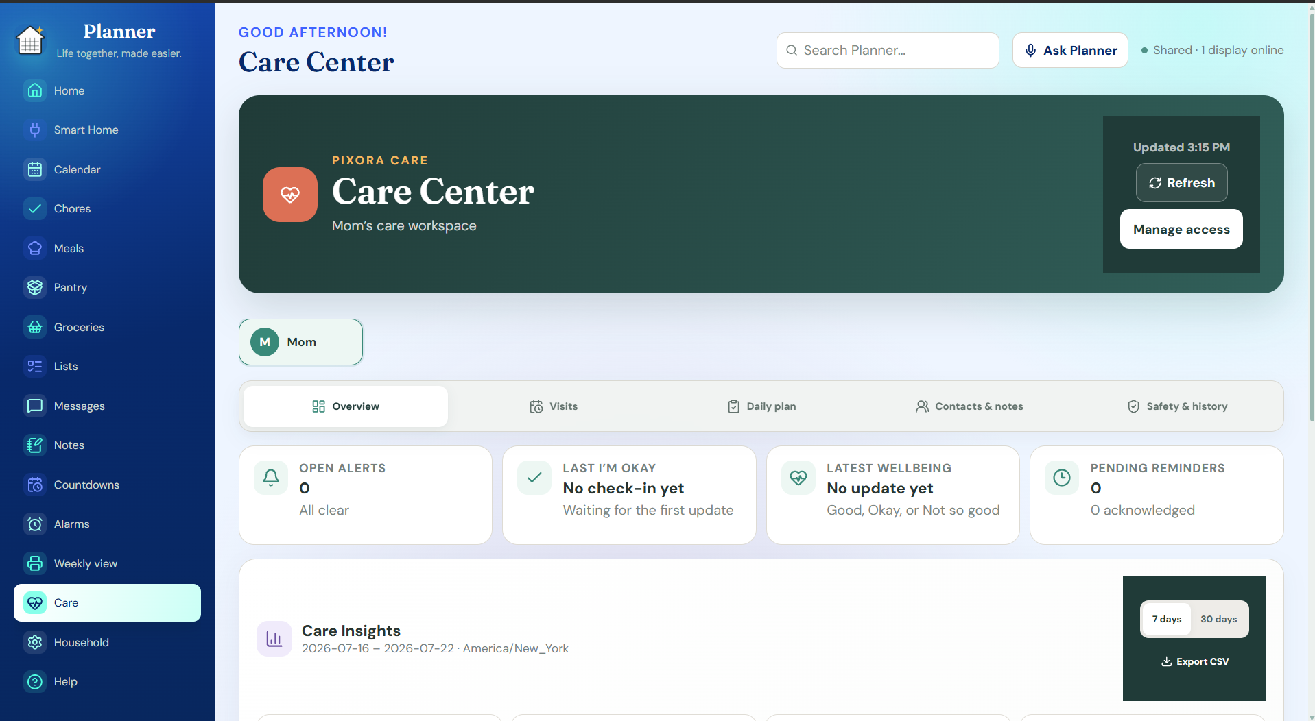 Real Pixora Planner Care Center caregiver workspace