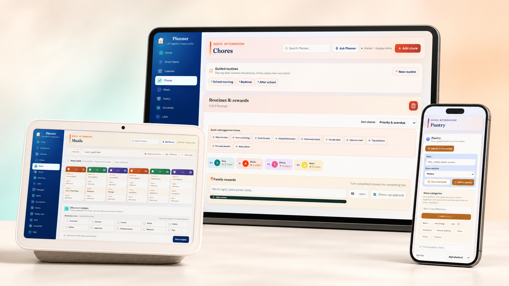 Pixora Planner showing real Chores, Meals, and Pantry screens across household devices
