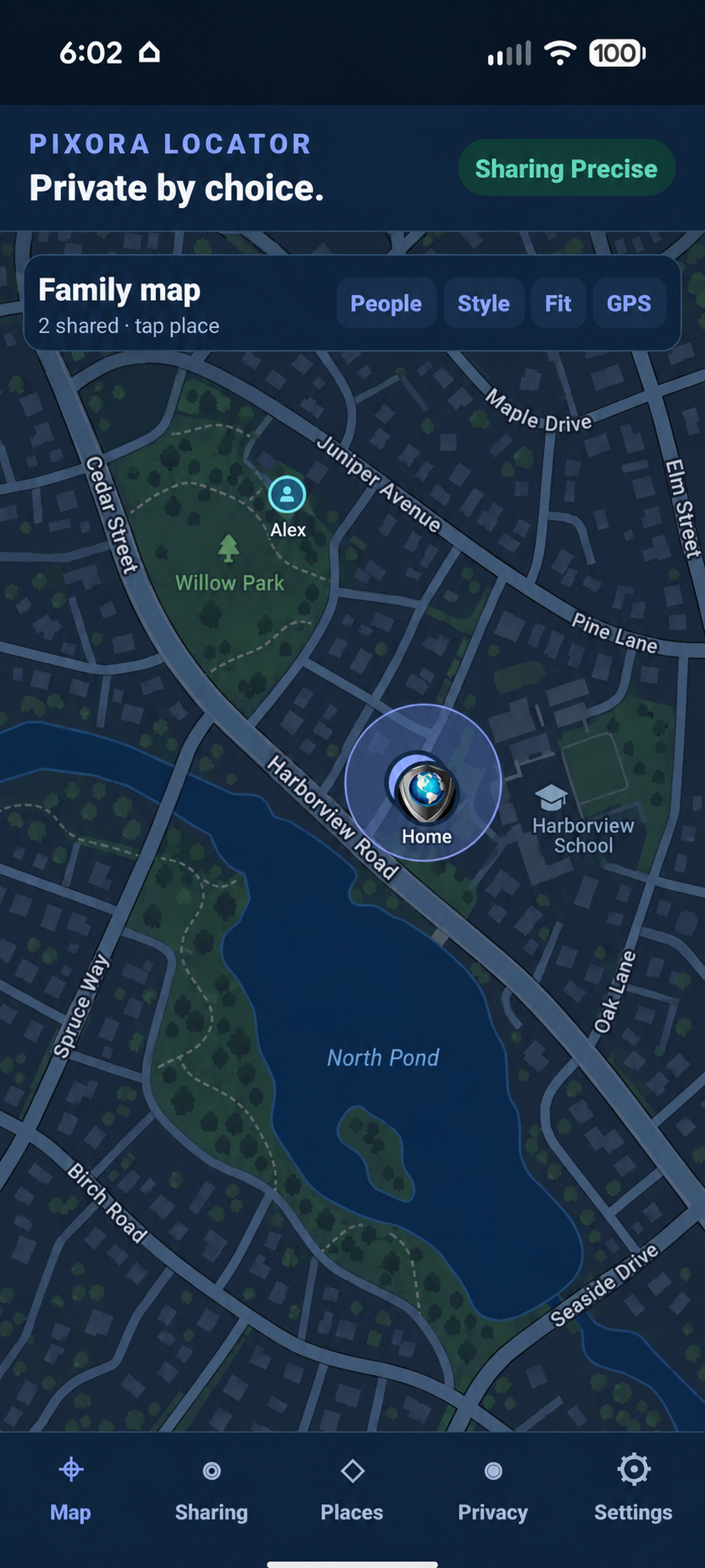 Pixora Locator showing fictional Harborview with two family markers