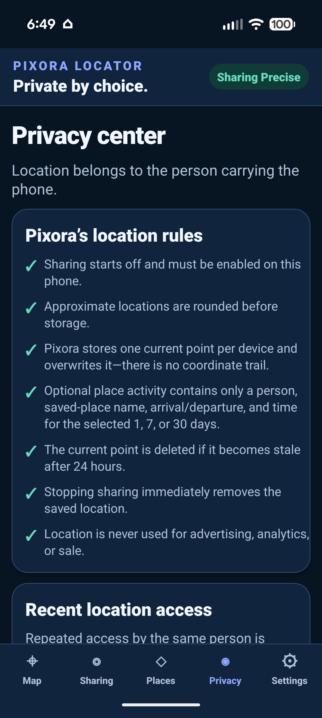 Pixora Locator Privacy Center showing the app's location storage, retention, sharing, and advertising rules