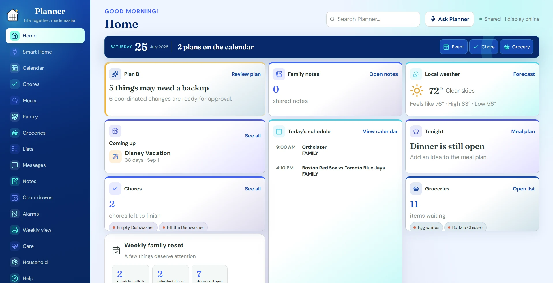 Pixora Planner family dashboard